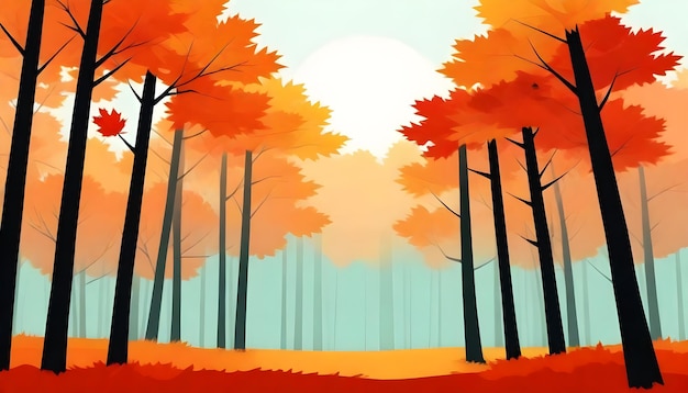 красочный лес с деревьями и солнцем, сияющим через них