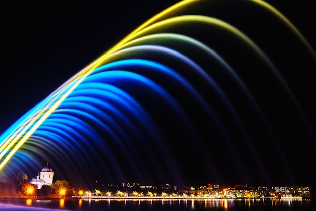 Colorful fountains in city park at night time