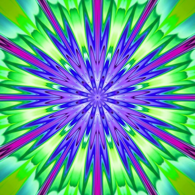 A colorful fractal image with a flower pattern in green, blue, and yellow.