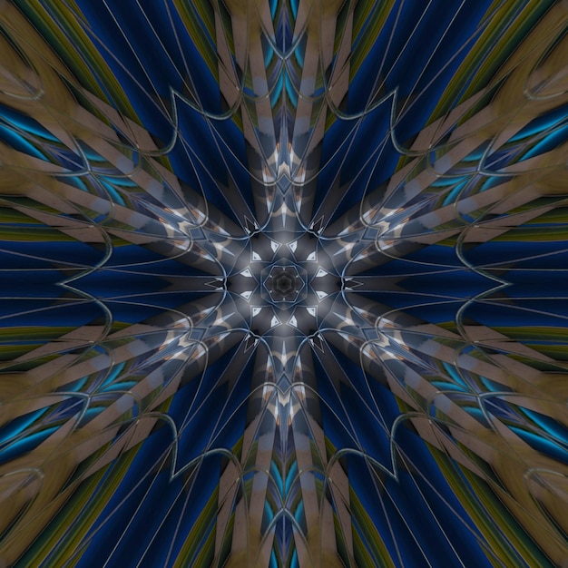 A colorful fractal image with a star design in blue and brown