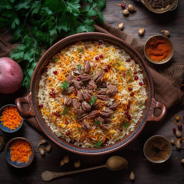 Colorful and fragrant bowl of tajikistans signature rice pilaf osh with tender pieces of lamb or bee