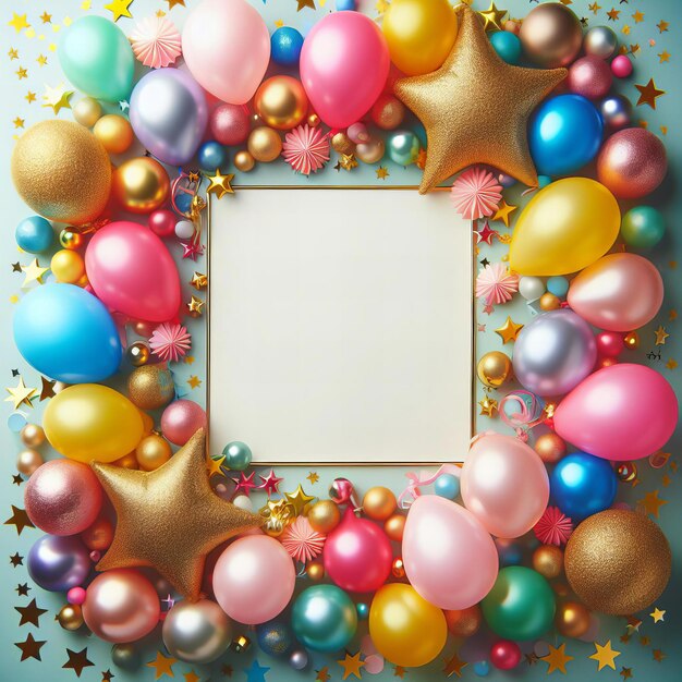 Foto una cornice colorata con palloncini e stelle sullo sfondo bianco