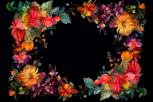 A colorful frame of flowers with leaves on a black background