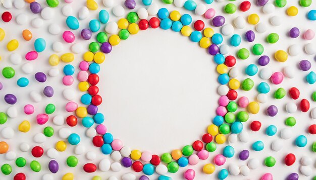 Colorful frame of multicolored candy dragees round bonbons scattered on white background