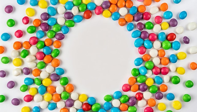 colorful frame of multicolored candy dragees round bonbons scattered on white background
