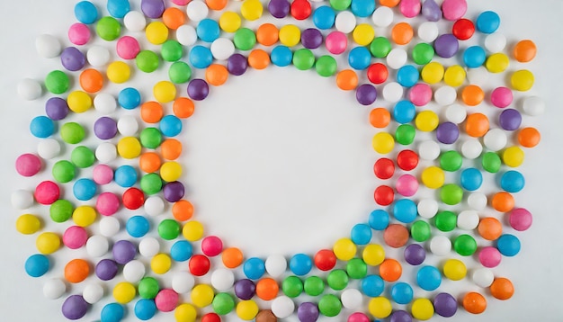 Colorful frame of multicolored candy dragees round bonbons scattered on white background