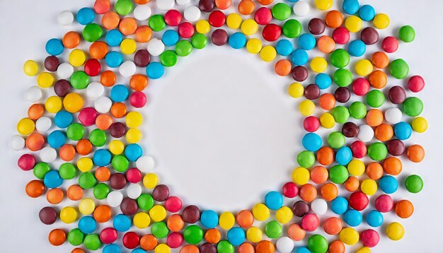 Colorful frame of multicolored candy dragees round bonbons scattered on white background