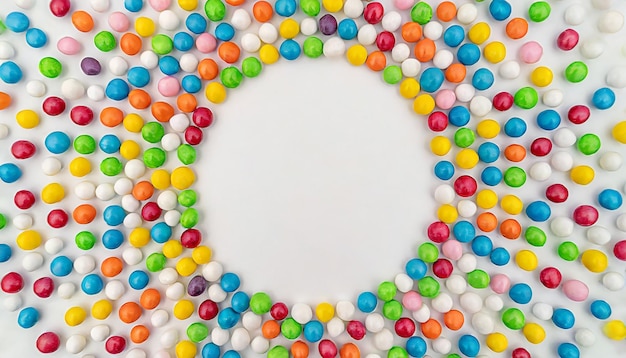 Colorful frame of multicolored candy dragees round bonbons scattered on white background