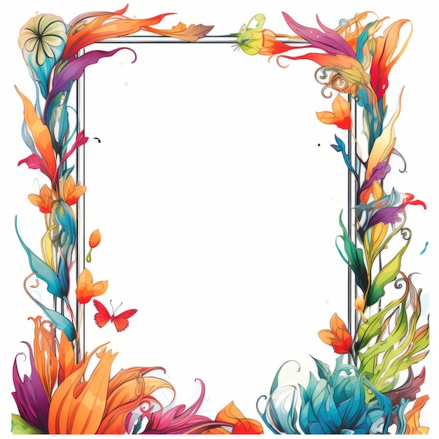 Photo a colorful frame with flowers and butterflies