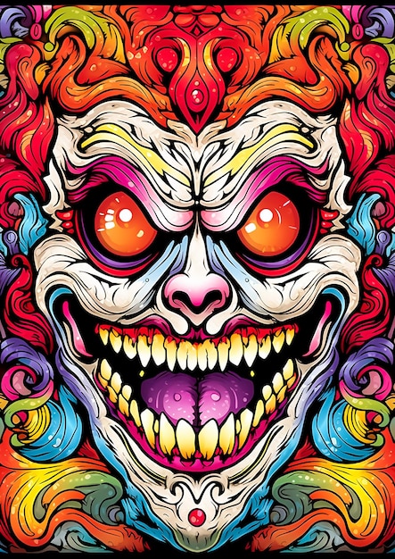 Colorful freaky hollow monster face in scary smile in mandala art