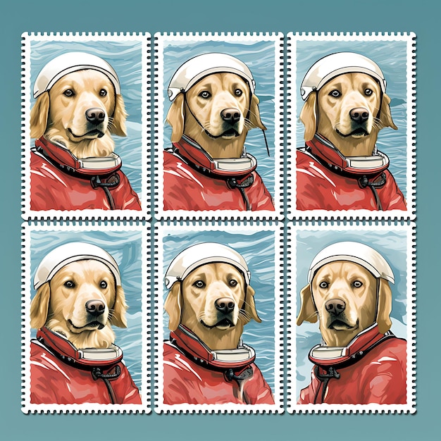 Photo colorful freeze the watchfulness of a golden retriever dog with lifeg animal stamp collection idea