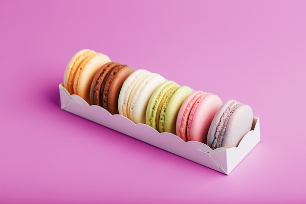 Colorful French macaron cookies in a package