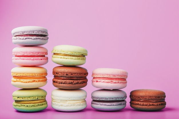 Colorful French macaron cookies stacked