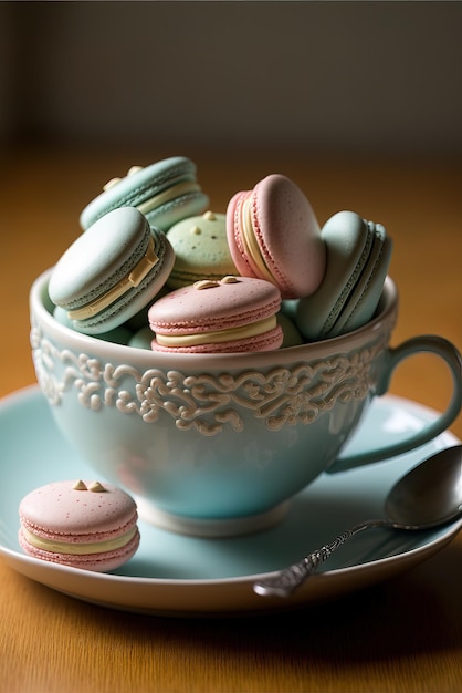 Colorful french macarons cake on the different background color