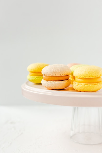 Colorful french macarons on a pink plate on white