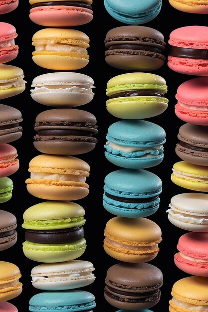 Photo colorful french macarons stacked on darck place close up dark background generative ai
