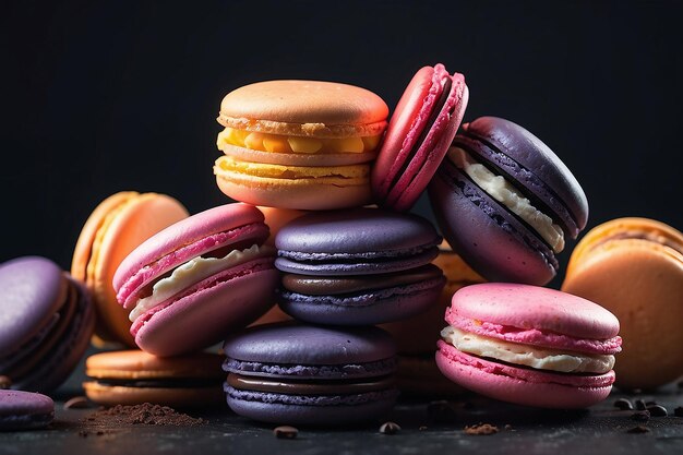 Colorful French macarons stacked on darck place close up dark background Generative AI