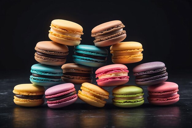 Photo colorful french macarons stacked on darck place close up dark background generative ai