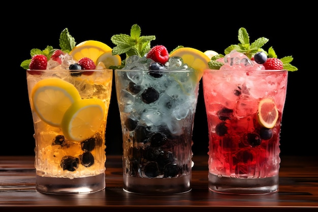 Colorful fresh cocktails with ice lemon