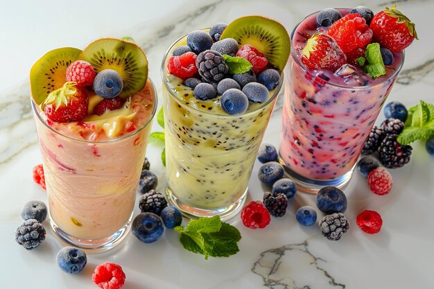 Smoothies di frutta fresca colorati in bicchieri generati dall'ai