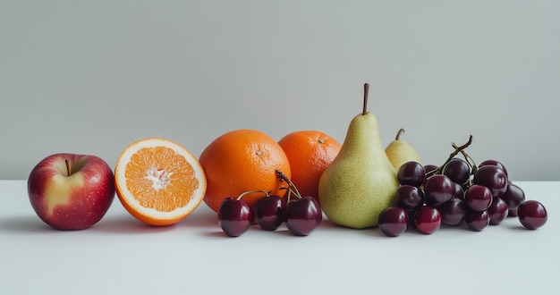 Colorful fresh fruits arranged on a white surface against a neutral background