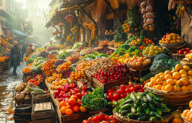 Colorful fresh fruits and vegetables at farmers market