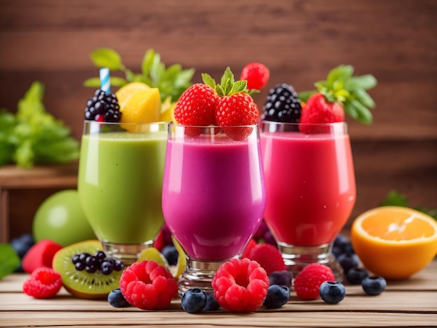 Colorful fresh juices or smoothies on a wooden desk some fruits near