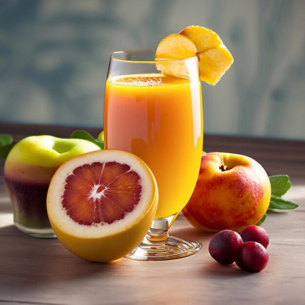 Colorful fresh juices or smoothies on a wooden desk some fruits near