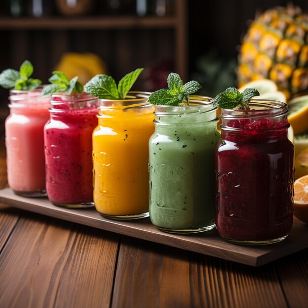 Colorful Fresh Juices or Smoothies on a Wooden Desk