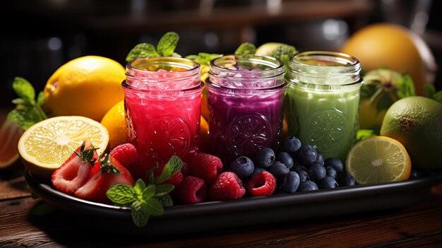 Colorful fresh juices on a wooden desk