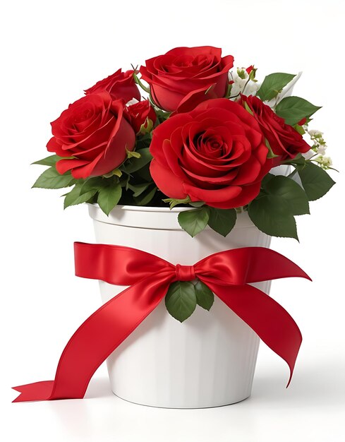 Colorful Fresh Rose Flower Bucket with Red Ribbon