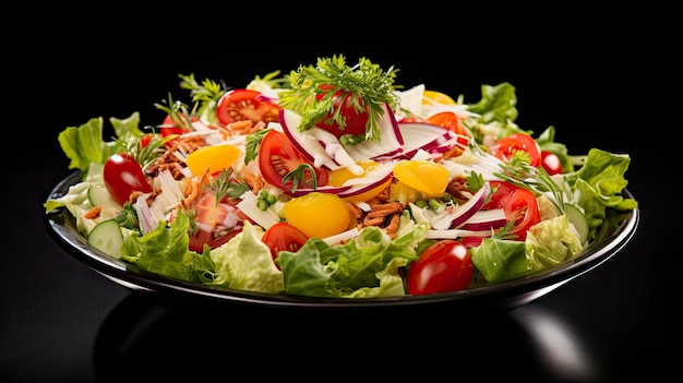 Photo colorful fresh vegetable salad with boiled eggs in a rustic bowl on wooden background