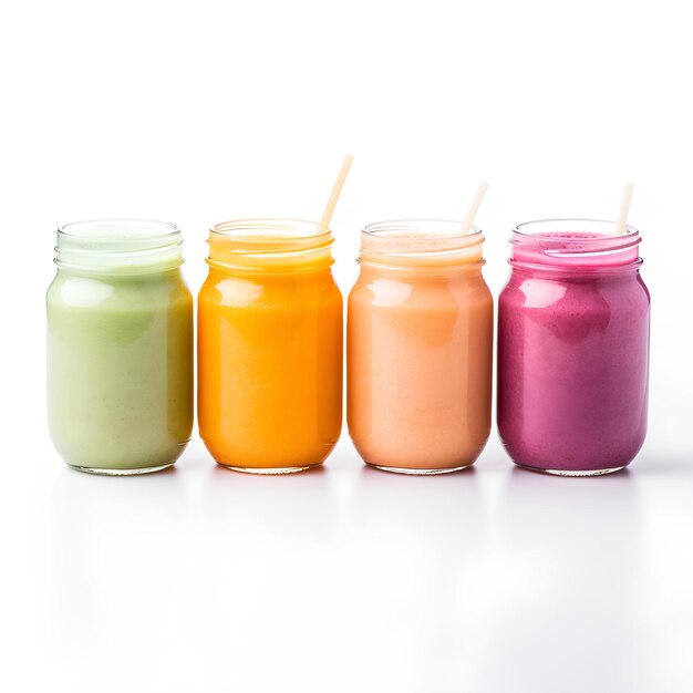 Colorful Freshly Poured Smoothies in Mason Jars Isolated