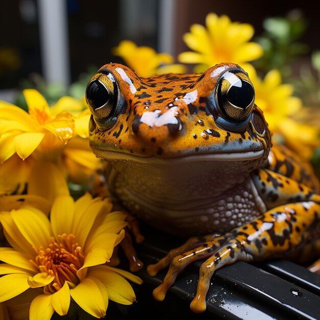 Photo a colorful frog basks in the radiance of bright flowers generated by ai