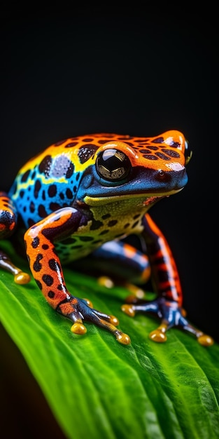 A colorful frog sits on a leaf.