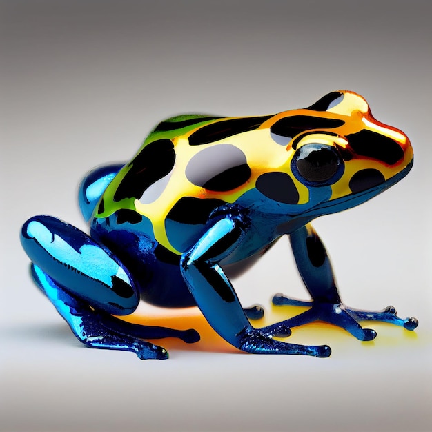 A colorful frog with a black and yellow body and black spots.