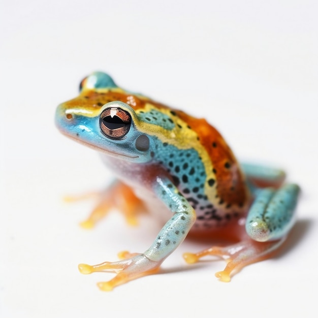 A colorful frog with a black and yellow body and a yellow body.