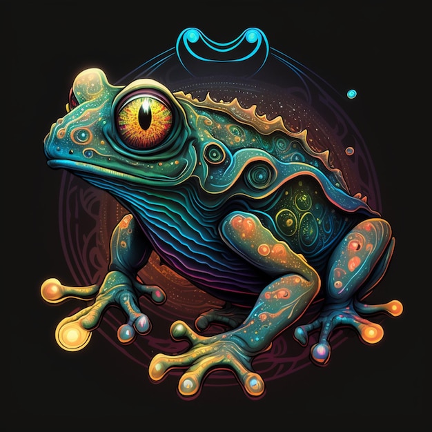 A colorful frog with a blue and yellow eye sits on a black background.