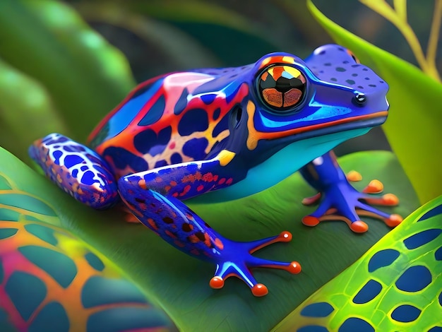 다채로운 반점이 있는 다채로운 개구리가 식물 위에 앉아 있다