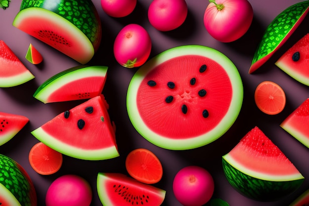 A colorful fruit background with watermelon slices and fruits