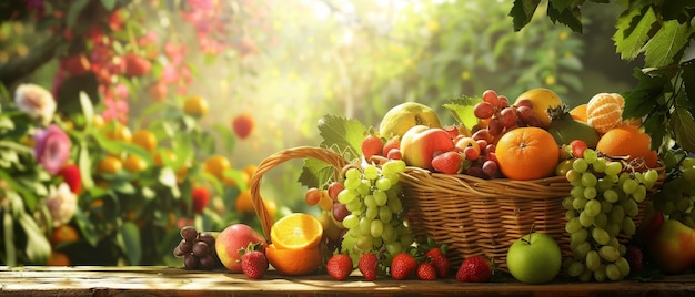 Colorful fruit basket arrangement on wooden table inviting and vibrant still life composition