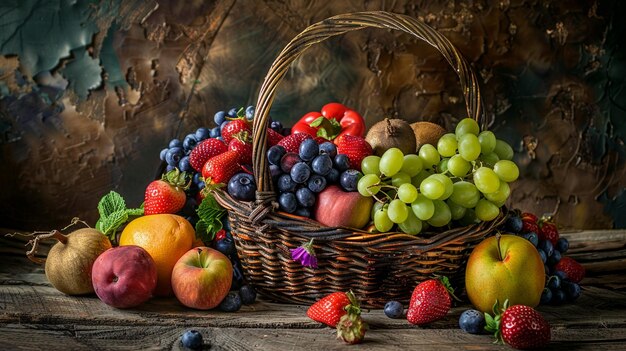 カラフル な 果物 の バスケット は,新鮮 な 種類 の 果物 を バスケット に 展示 し て い ます