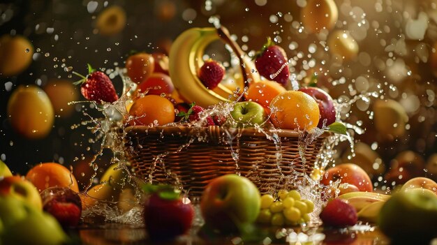 Photo colorful fruit basket on table dynamic splash effect