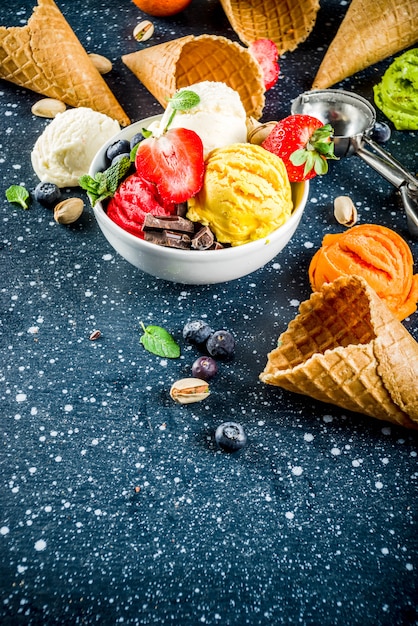 Colorful fruit and berry ice cream