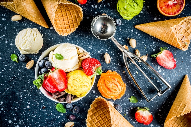 Colorful fruit and berry ice cream