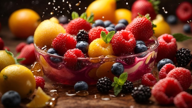 A colorful fruit bowl on a rustic wooden table