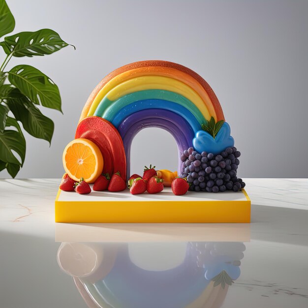 Photo colorful fruit cake on white platecolorful rainbow cake with berries on table