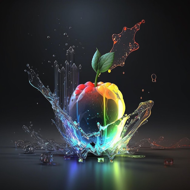 A colorful fruit is being poured into a splash of water.