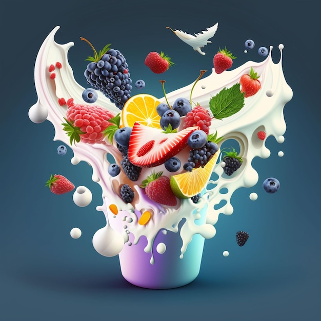 A colorful fruit and milkshake is being poured into a cup.