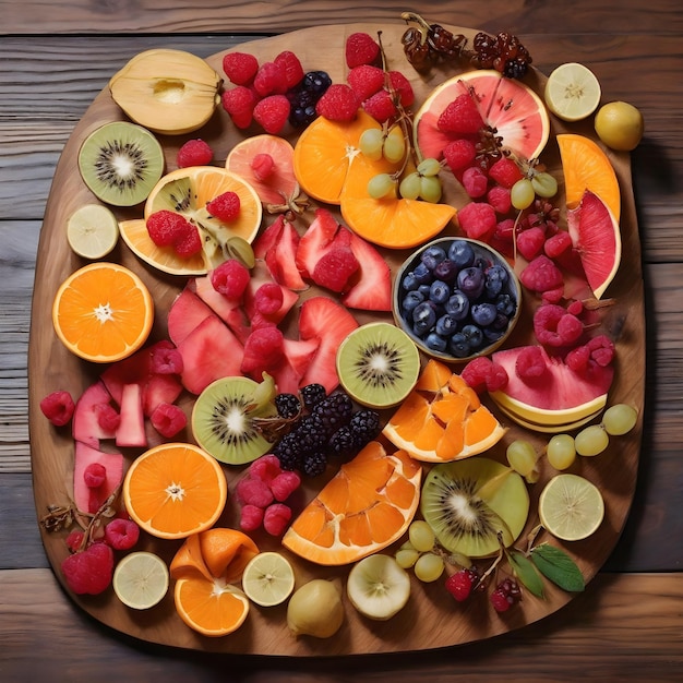 날씨 를 견디는 나무판 에 그려진 다채로운 과일 모자이크